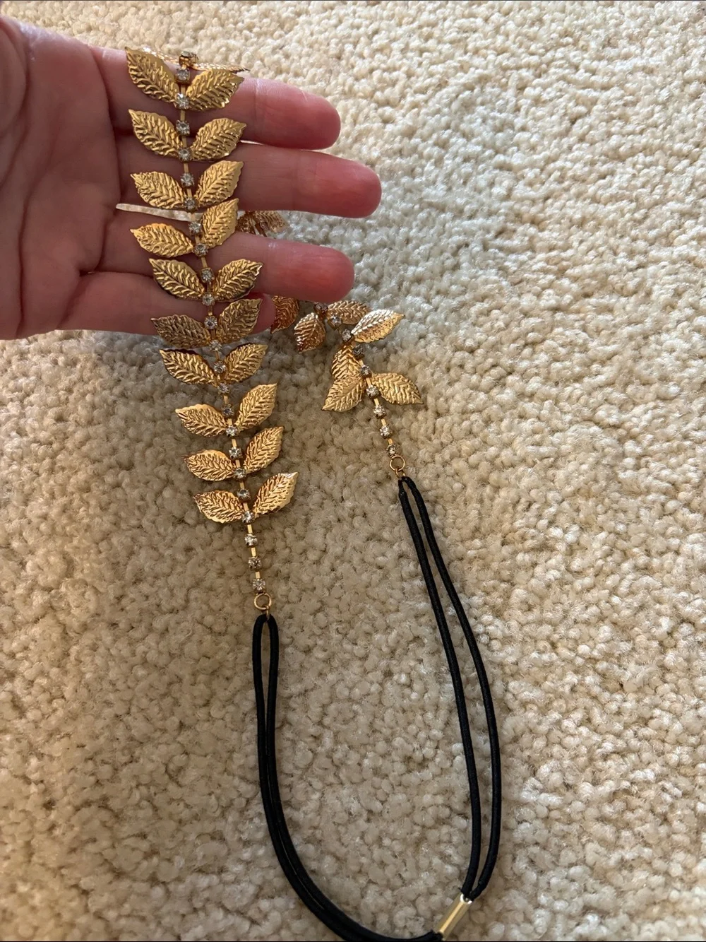 Gold Tone Leaf Headband With Rhinestones